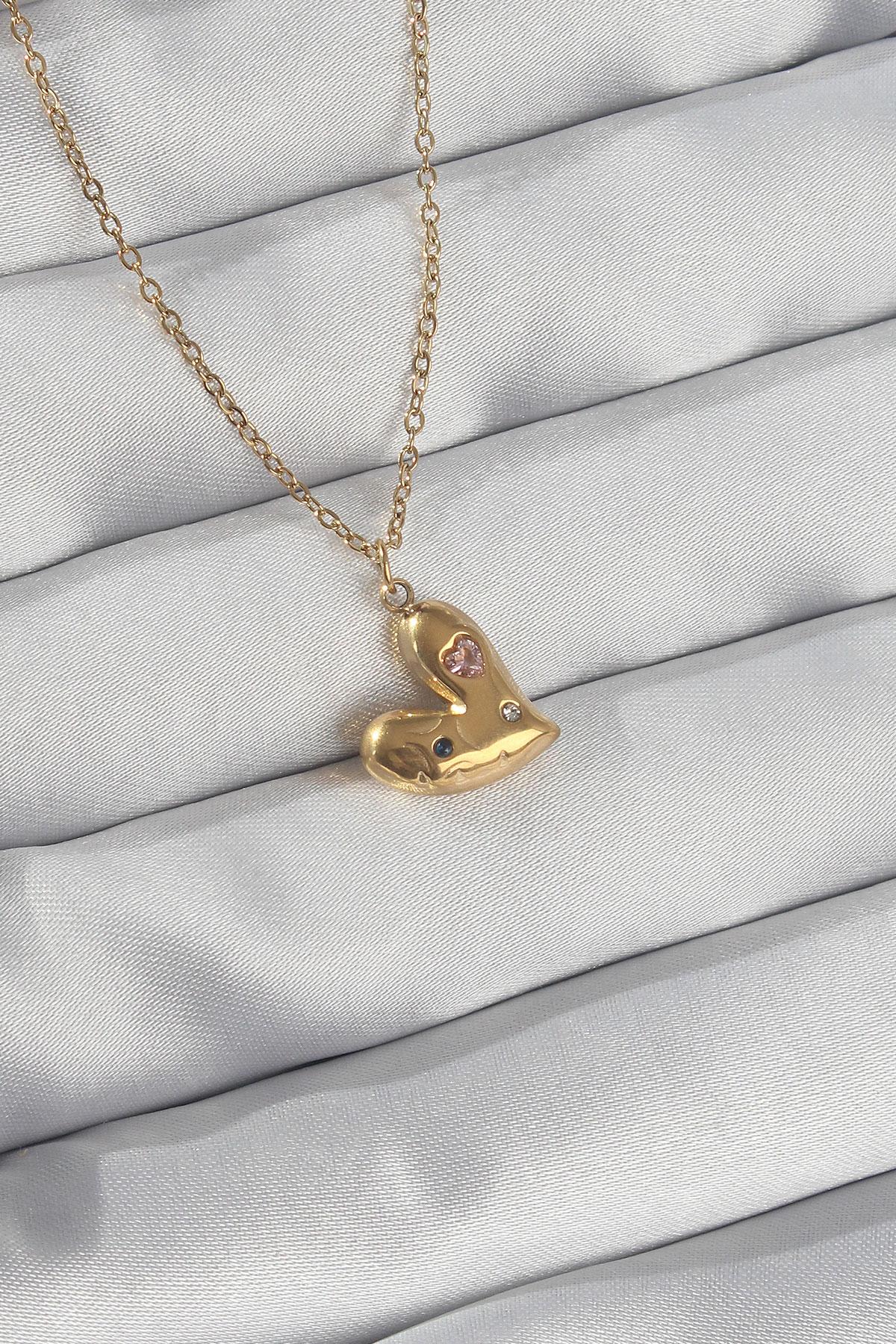 Çelik Zincir Gold Renk Renkli Zirkon Taşlı Kalp Kolye