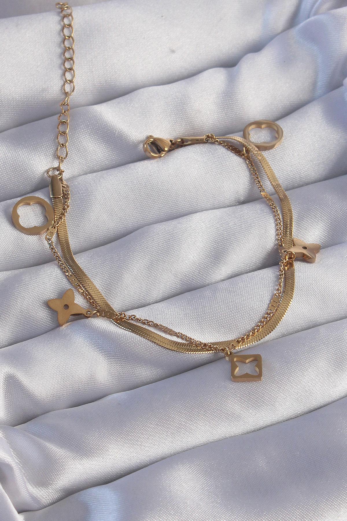 Çelik Gold Renk Çift Zincir Yonca Tasarım Bileklik