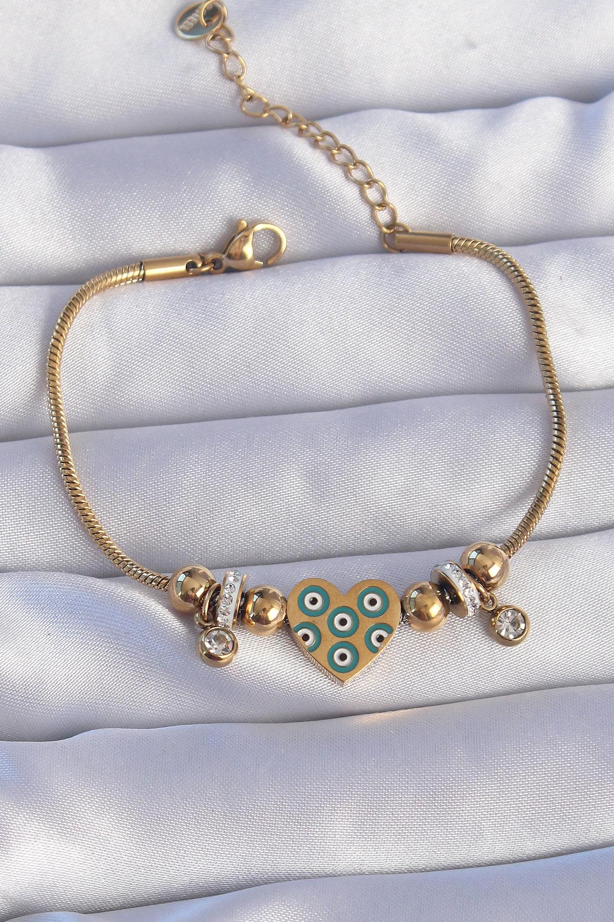 Çelik Gold Renk Zirkon Taşlı Nazarlı Kalp Tasarımlı Bileklik