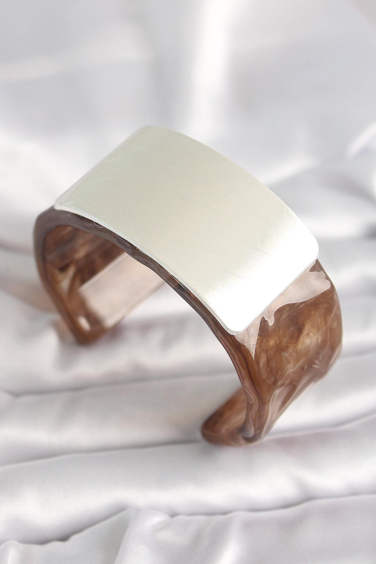 Kahverengi Mermer Desen Akrilik Plastik Gümüş Dikdörtgen Plaka Vintage Kadın Bilezik