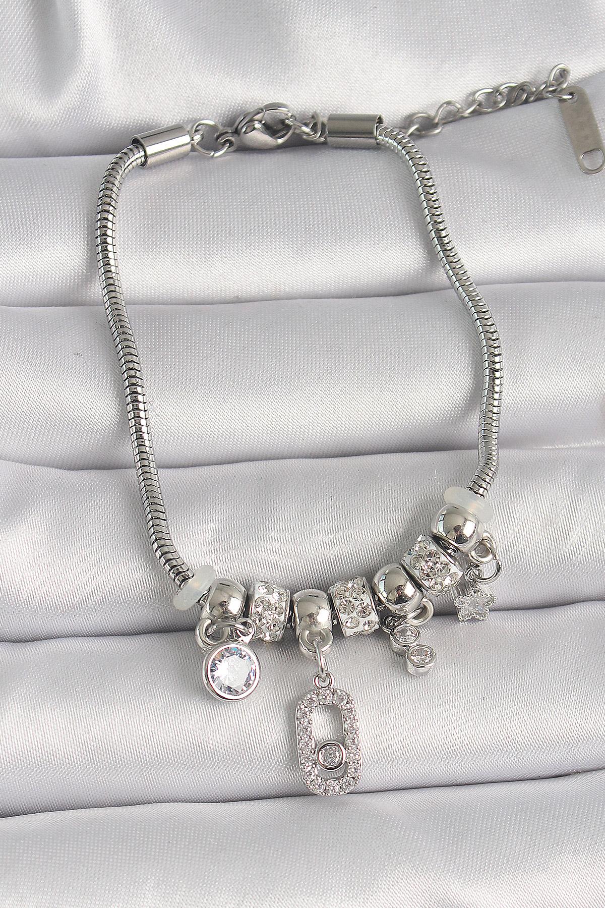 316L Çelik Gümüş Renk Zincir Sallantı Zirkon Taşlı Messika Figür Yıldız Detay Kadın Bileklik