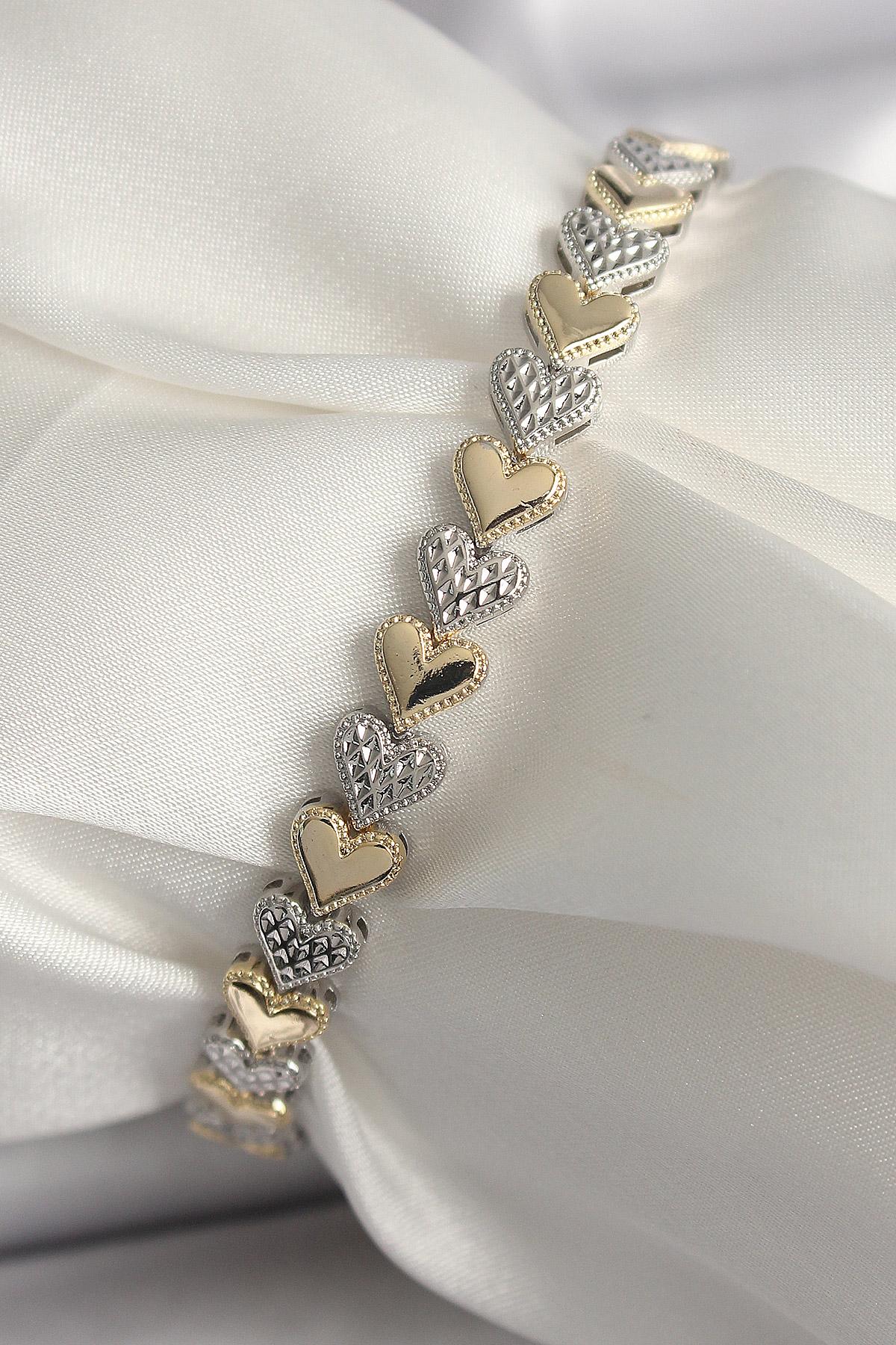 Pirinç Mix Renk Zirkon Taşlı Kalp Model VIP Seri Kadın Bileklik
