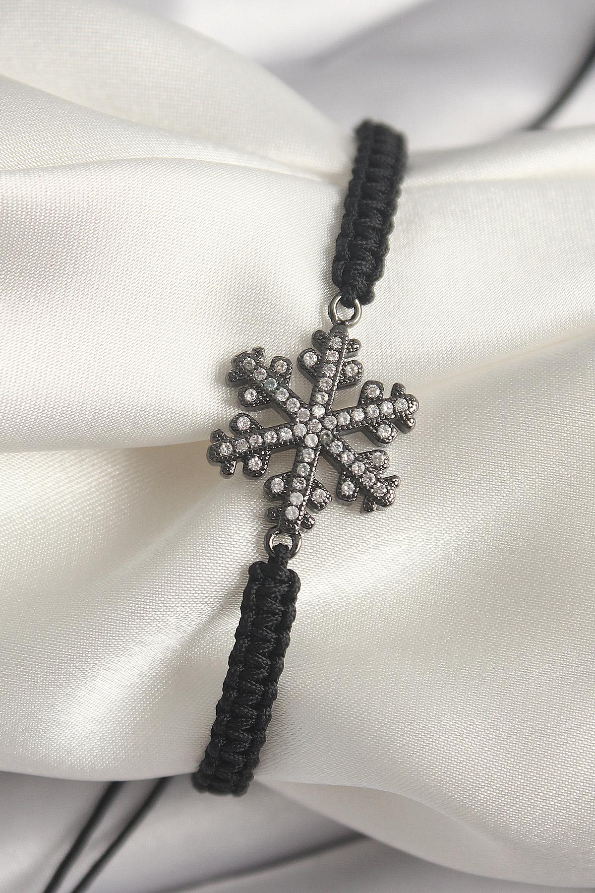 Pirinç Füme Renk Zirkon Taşlı Kar Tanesi Figür Makrome Asansörlü Model Kadın Bileklik