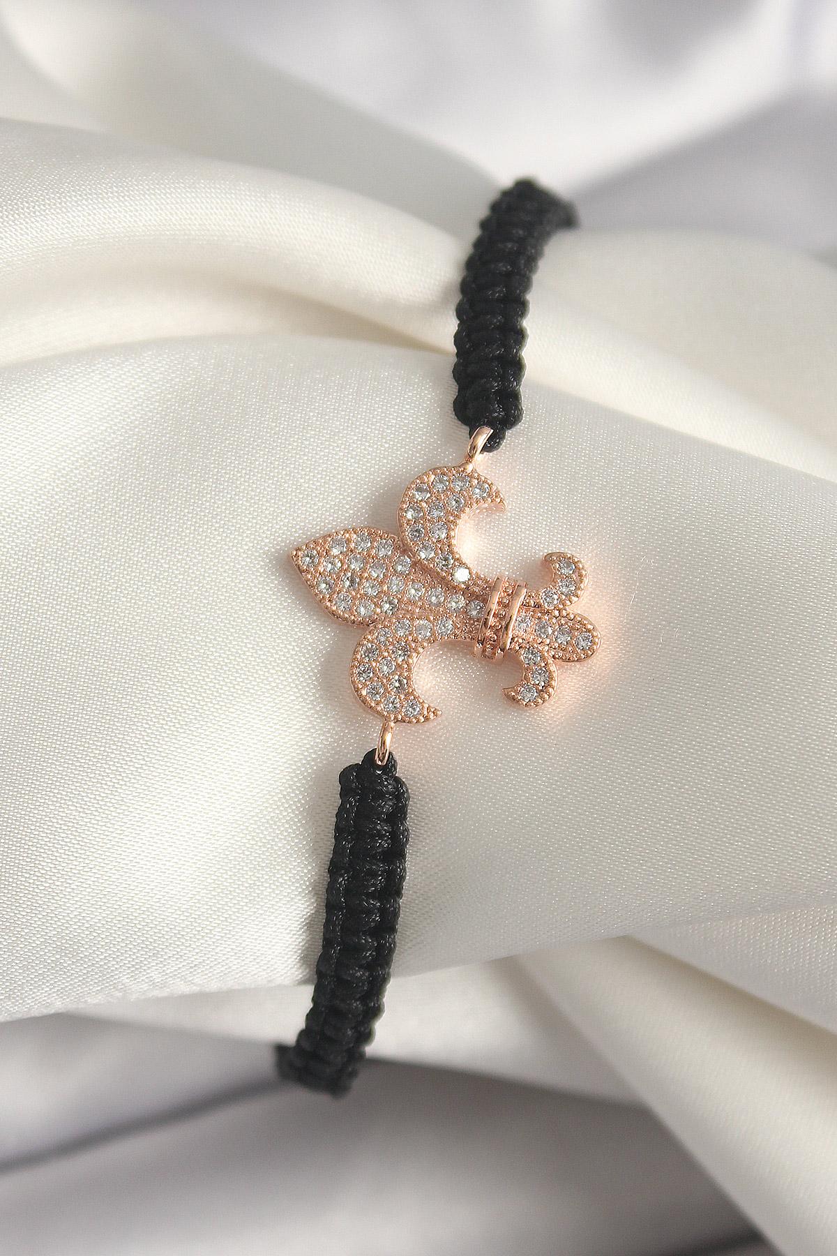 Pirinç Rose Renk Zirkon Taşlı Zambak Model Asansörlü Makrome Model Kadın Bileklik