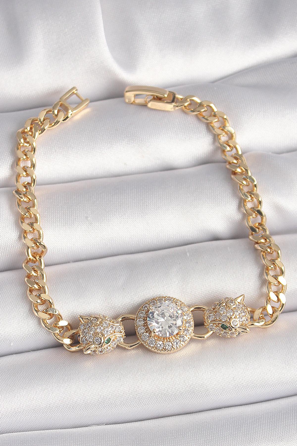 Pirinç Gold Renk Zirkon Taşlı Leopar Figür Zincir Model Kadın Bileklik