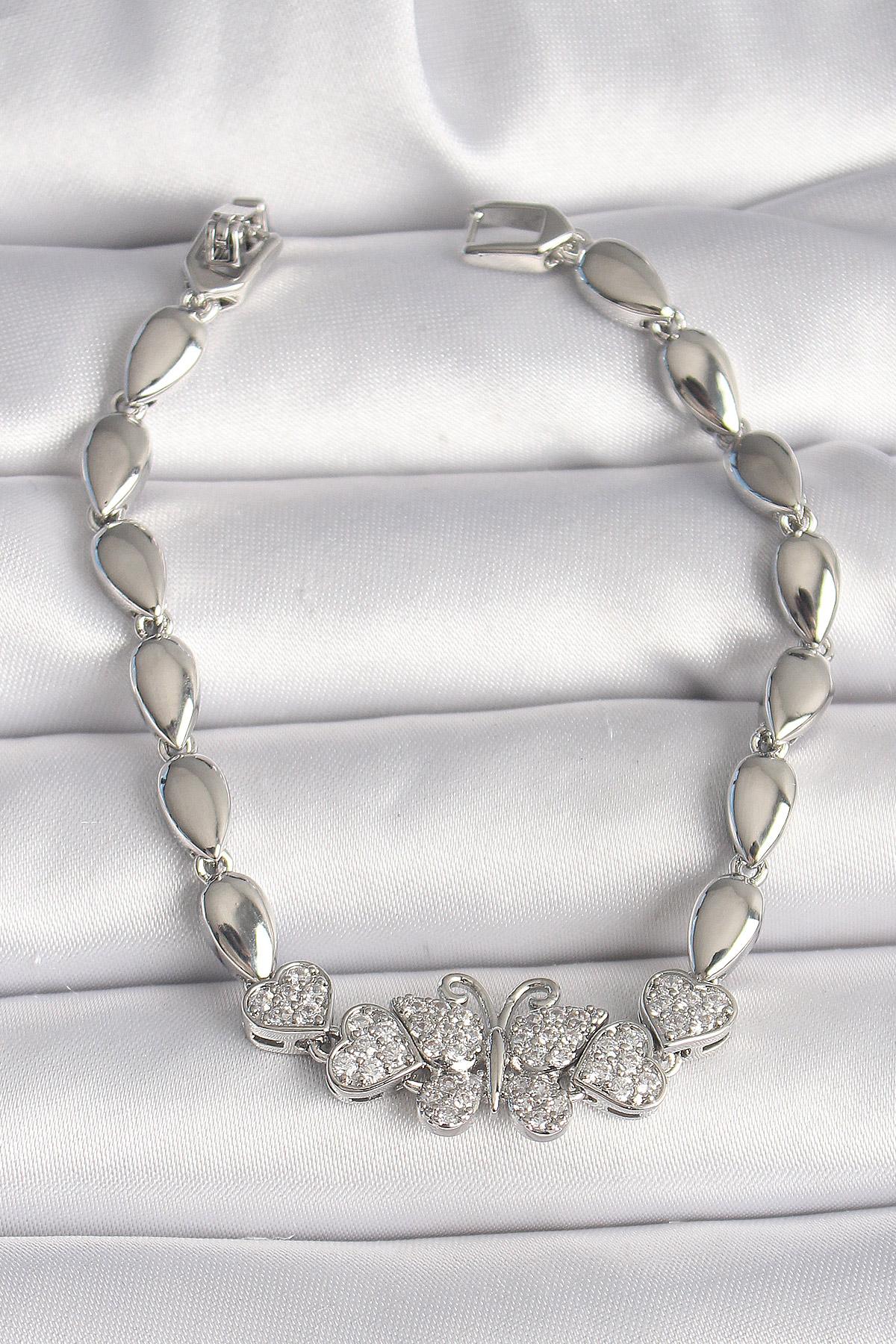 Pirinç Gümüş Renk Zirkon Taşlı Kelebek Figür Damla Zincir Model Kadın Bileklik