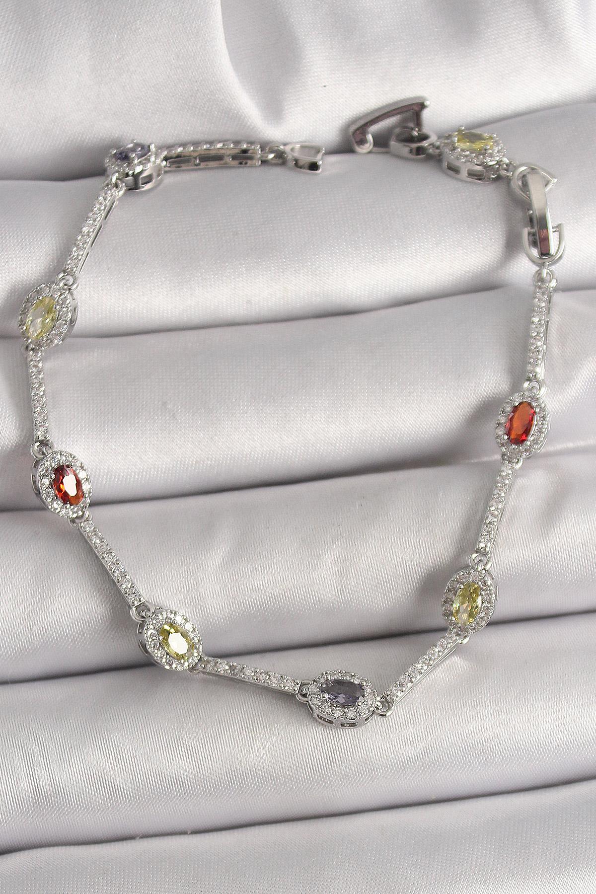 Pirinç Gümüş Renk Renkli Zirkon Taşlı Damla Taş Model Kadın Bileklik