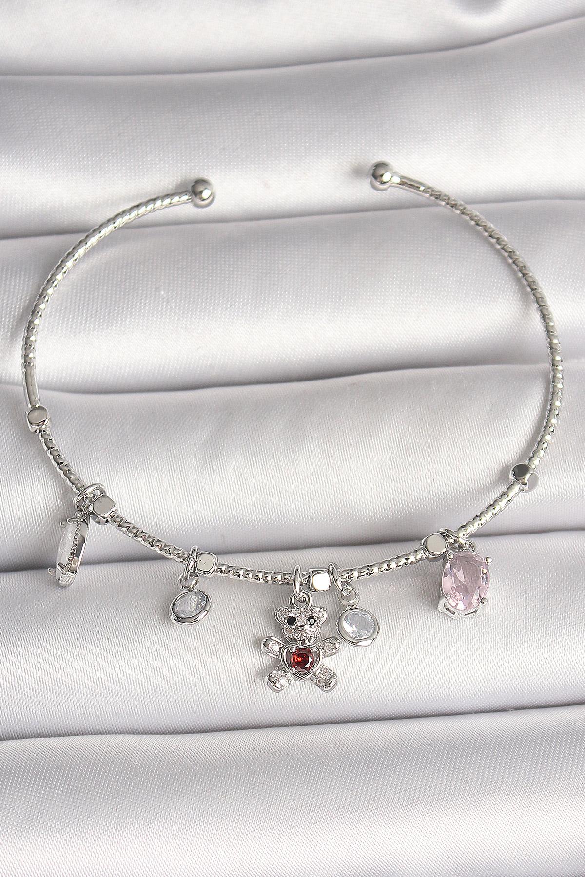 Pirinç Gümüş Renk Sallantı Zirkon Taşlı Ayıcık Figür Kırmızı Taş Detay Charm Kadın Bileklik