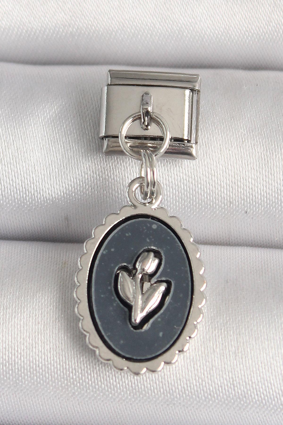 316L Çelik Gümüş Renk Çiçek İşlemeli Siyah Portre Model Nomination Charm