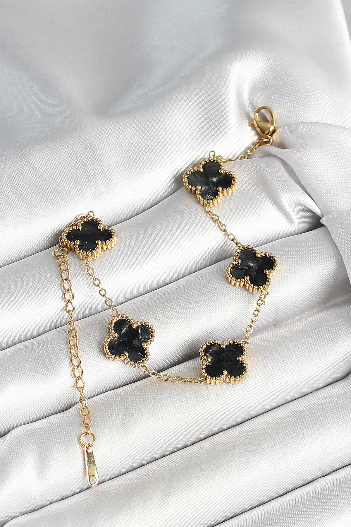 316L Çelik Sedefli Siyah Gold Renk Yonca Kadın Bileklik