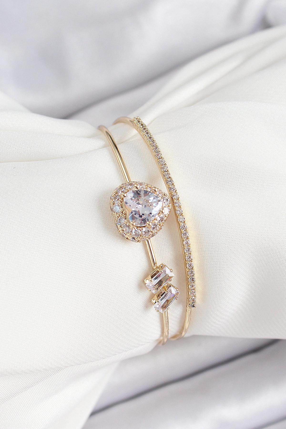 Pirinç Gold Renk Kalpli Zirkon Taşlı Kadın Bileklik