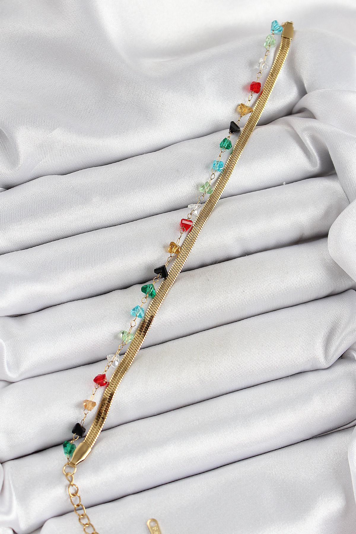 316L Çelik Gold Renk Kristal Karışık Renkli Taşlı 2li Kadın Bileklik