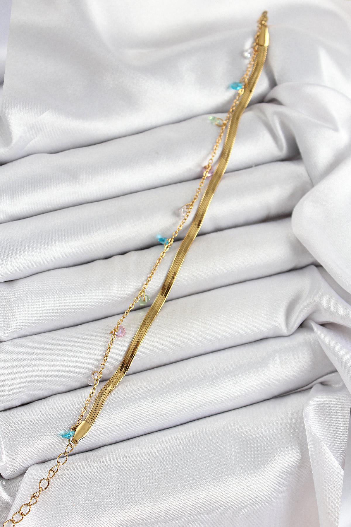 316L Çelik Gold Renk Karışık Renkli Kristal Taşlı 2li Kadın Bileklik