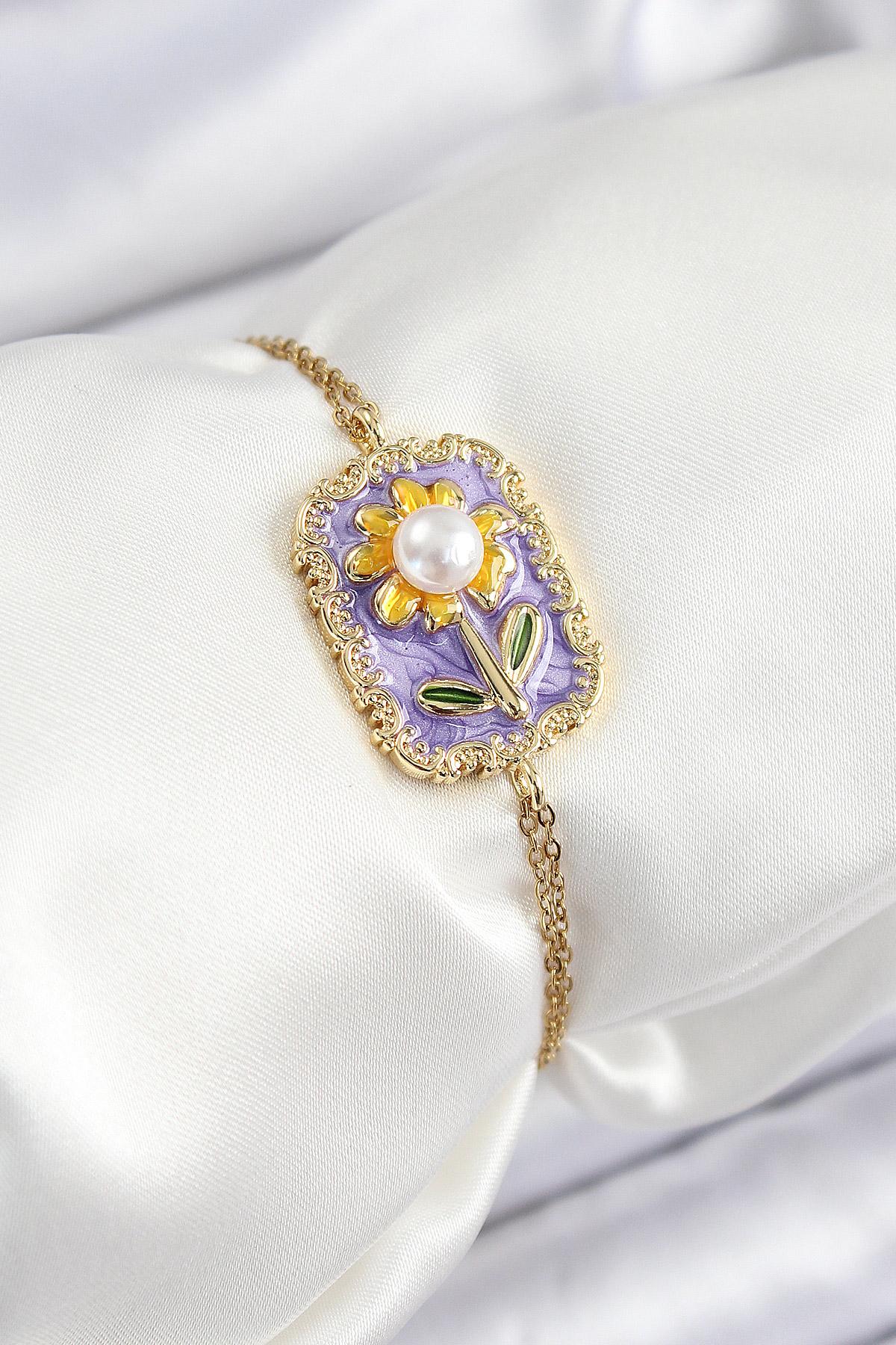 316L Çelik Zincir Mor Mineli Sanatsal Portre İnci Detaylı Papatya Model Gold Renk Kadın Bileklik