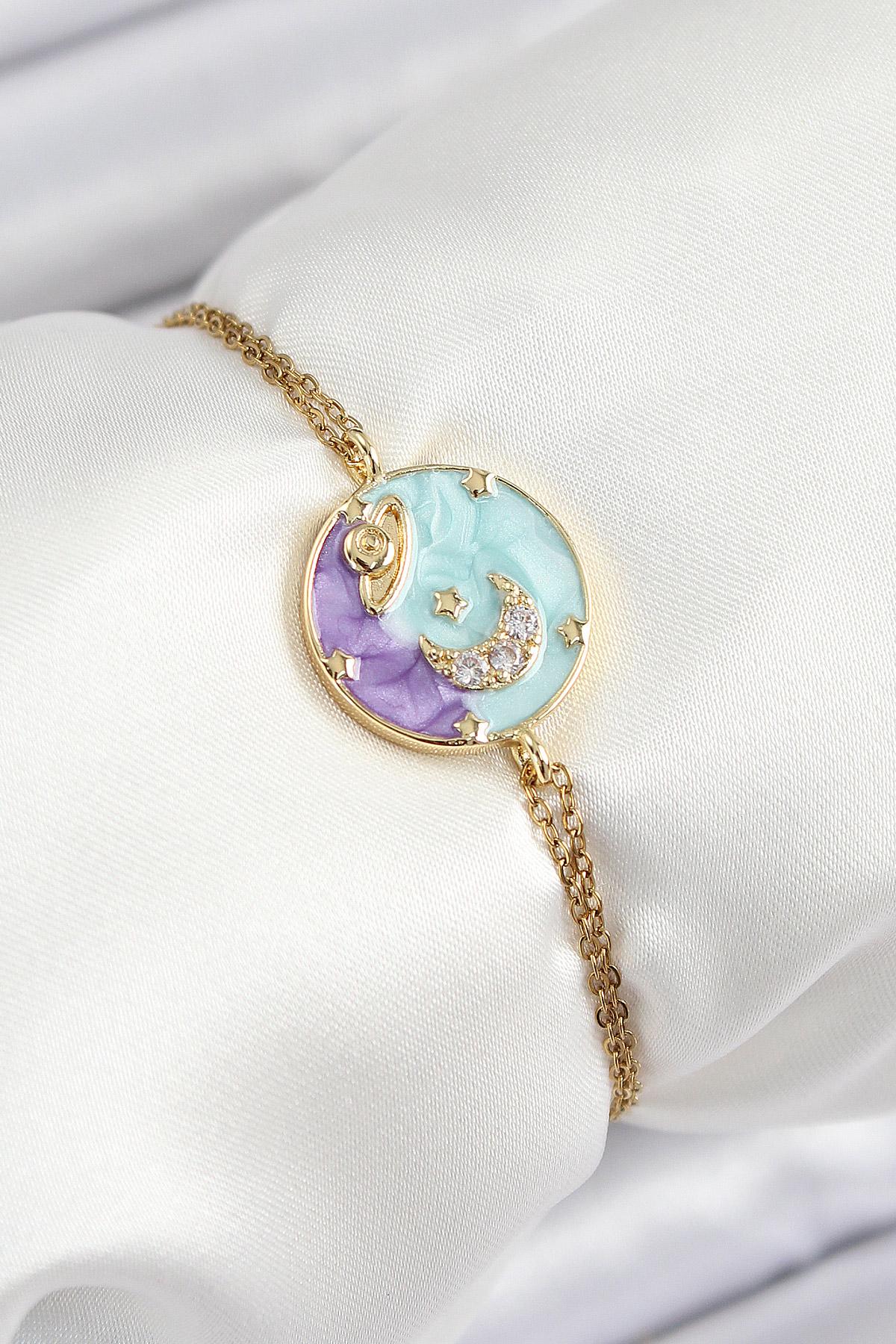 316L Çelik Zincir Mineli Sanatsal Portre Zirkon Taşlı Gezegen Model Gold Renk Kadın Bileklik