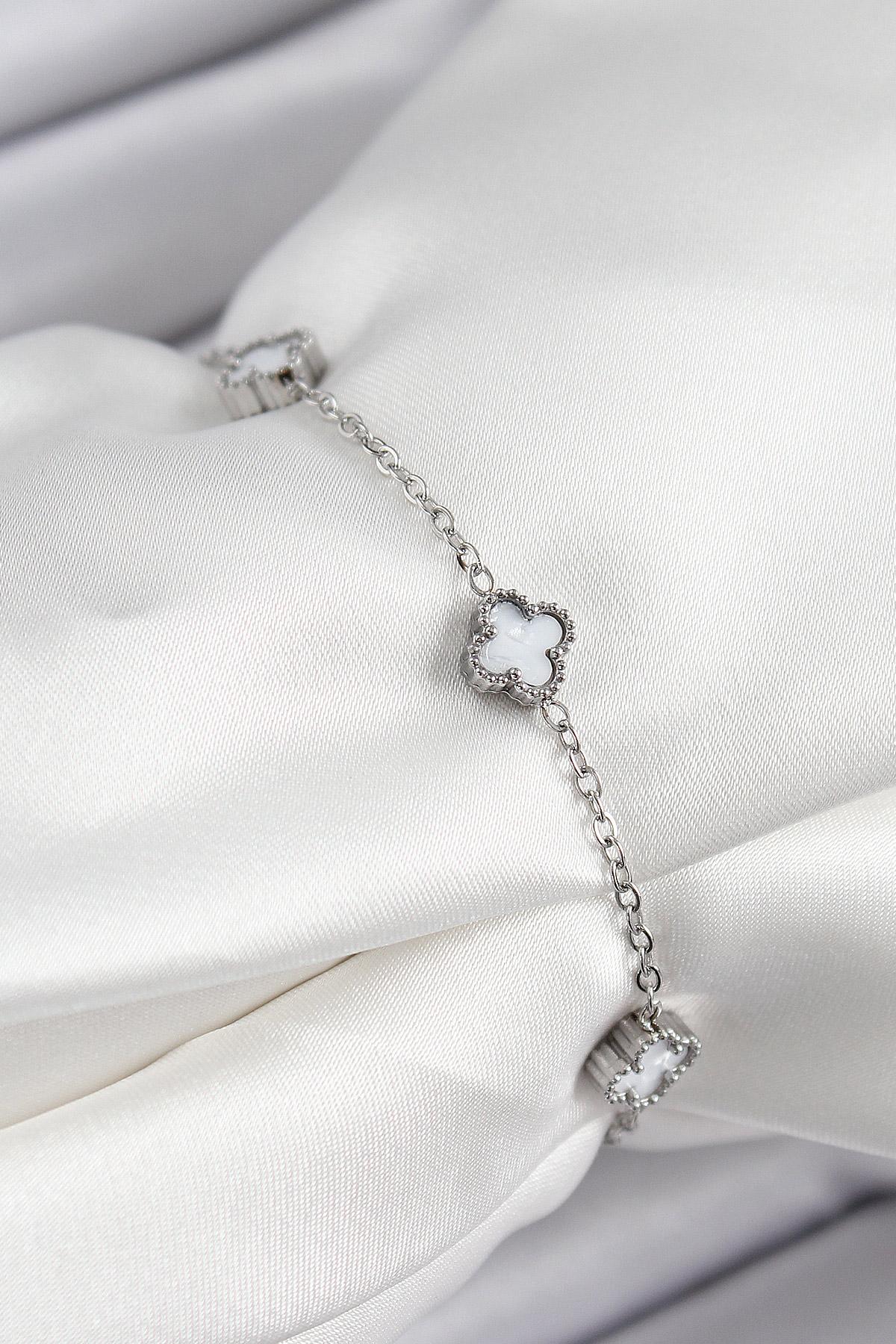 316L Çelik Beyaz Sedef Yonca Model Gümüş Renk Kadın Bileklik