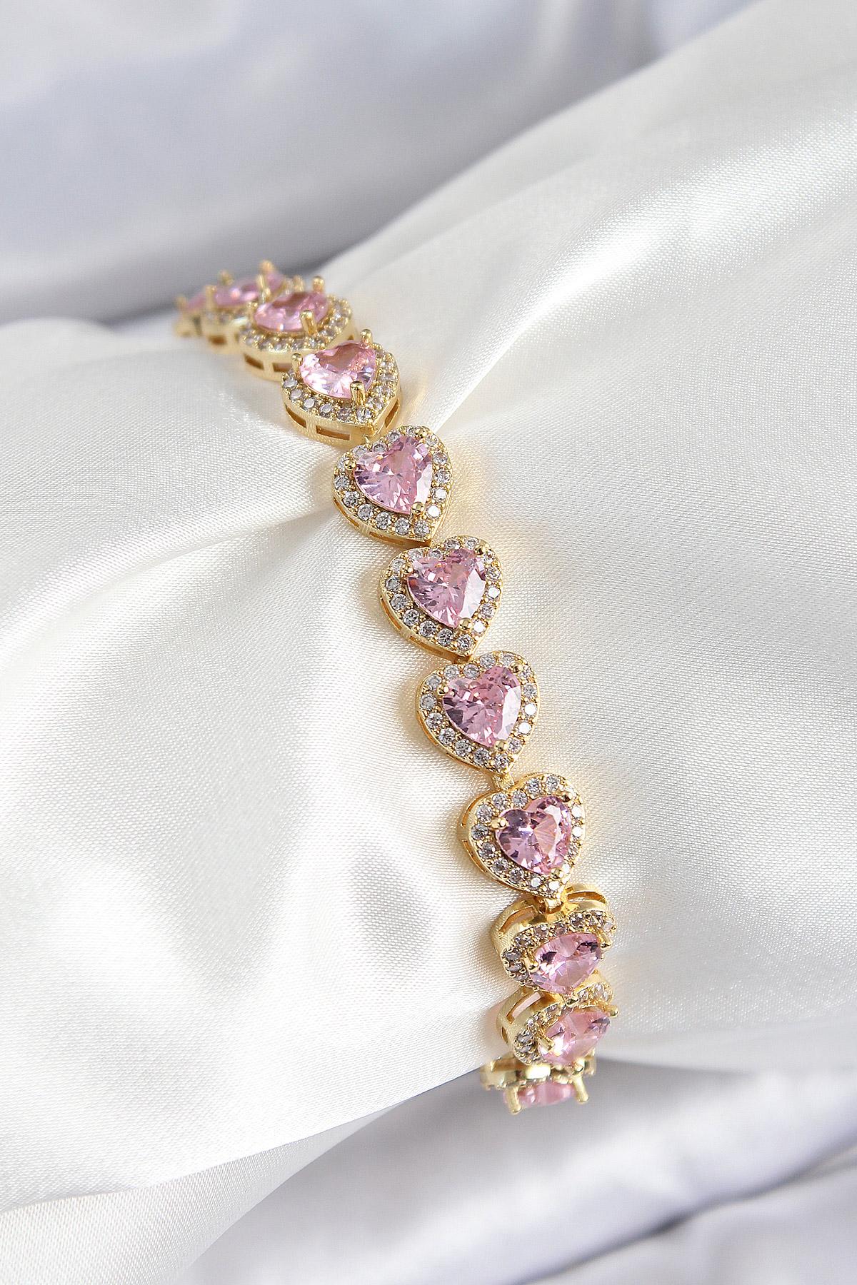 Pirinç Zirkon Taşlı Pembe Kalp Baget Model Gold Renk VIP Seri Kadın Bileklik