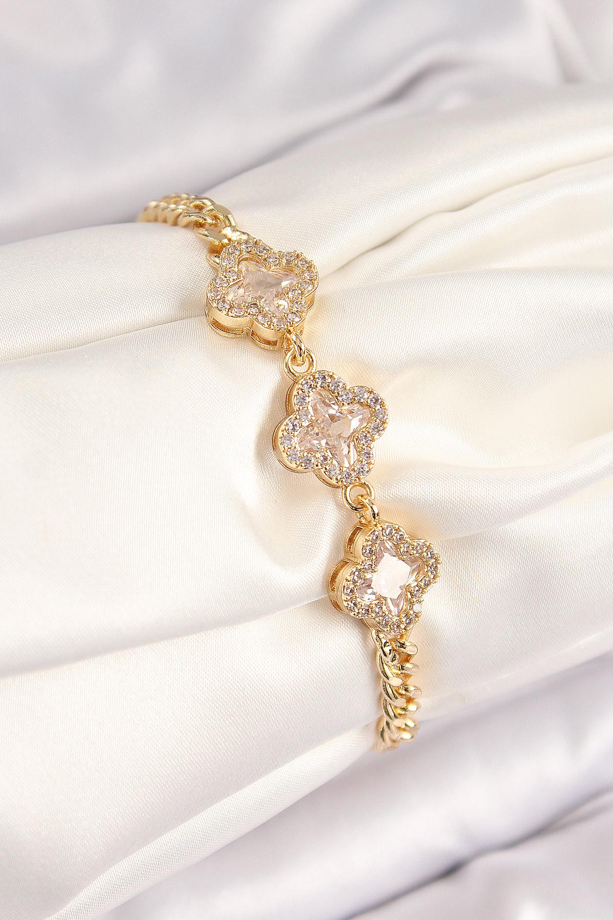 Pirinç Zirkon Taşlı Yonca Model Gold Renk Kadın Bileklik