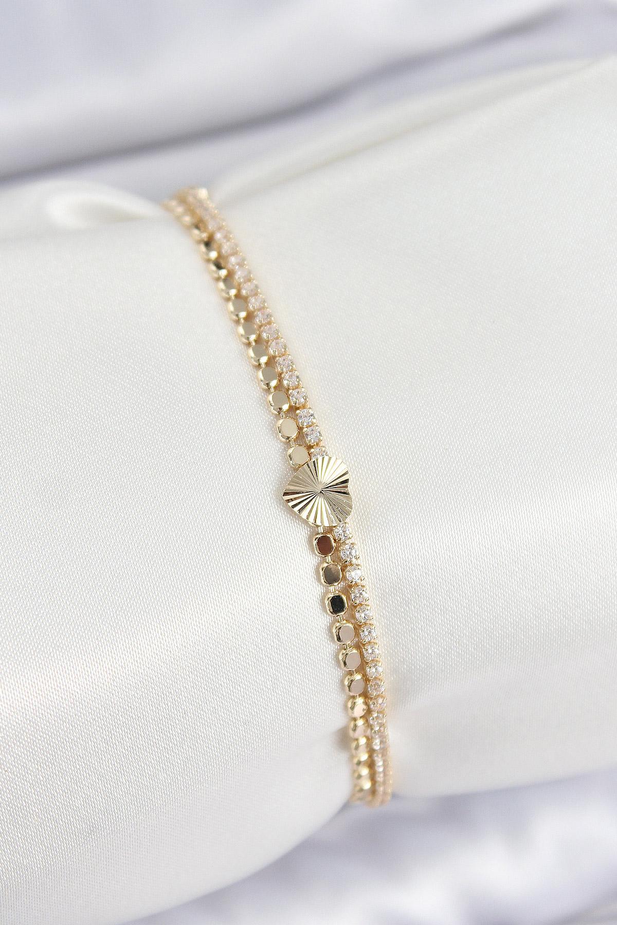 Pirinç Zirkon Taşlı Ezme Zincirli Kalp Model Gold Renk Kadın Bilekilk