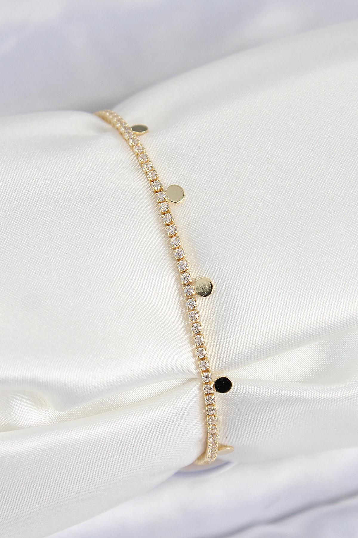 Pirinç Zirkon Taşlı Ezme Zincirli Sıralı Model Gold Renk Kadın Bilekilk