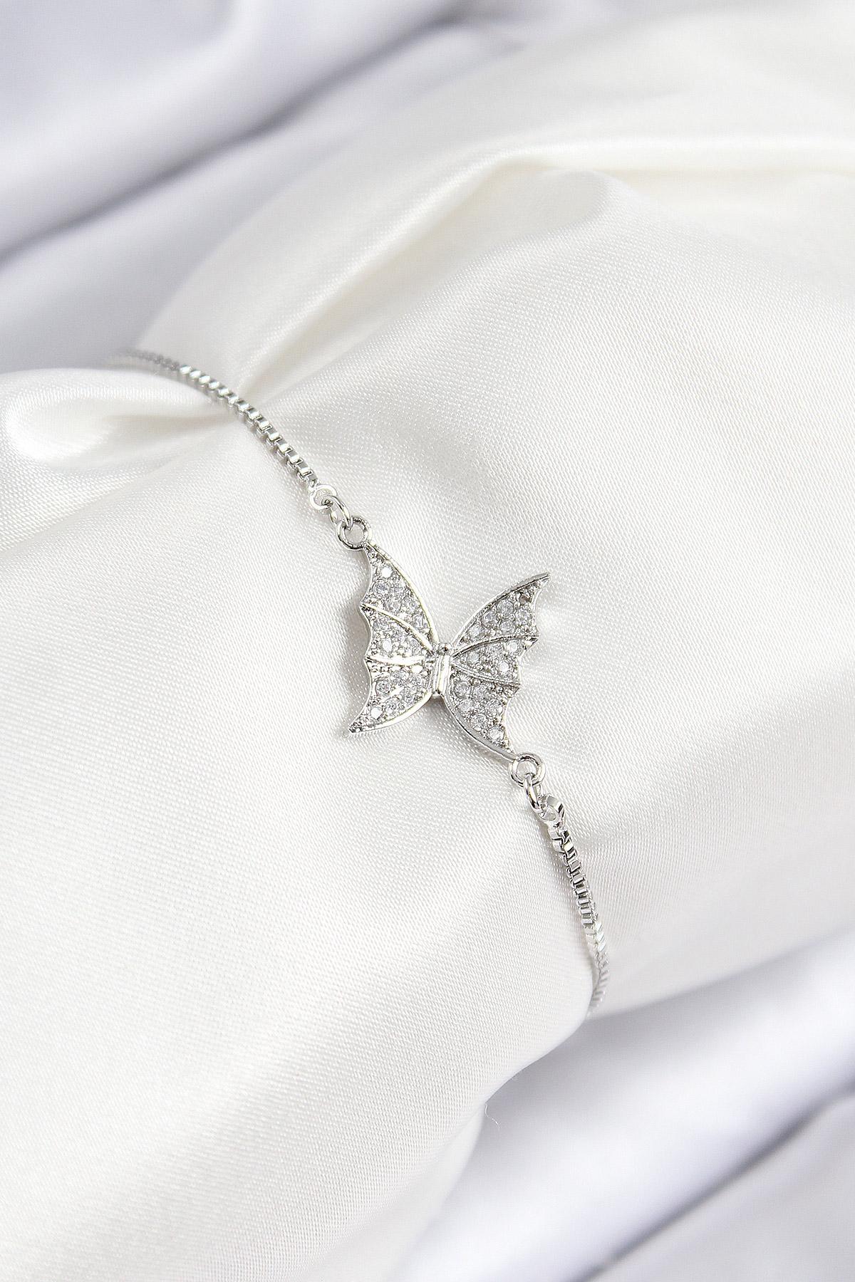 Pirinç Zirkon Taşlı Kelebek Model Gümüş Renk Asansörlü Kadın Bileklik