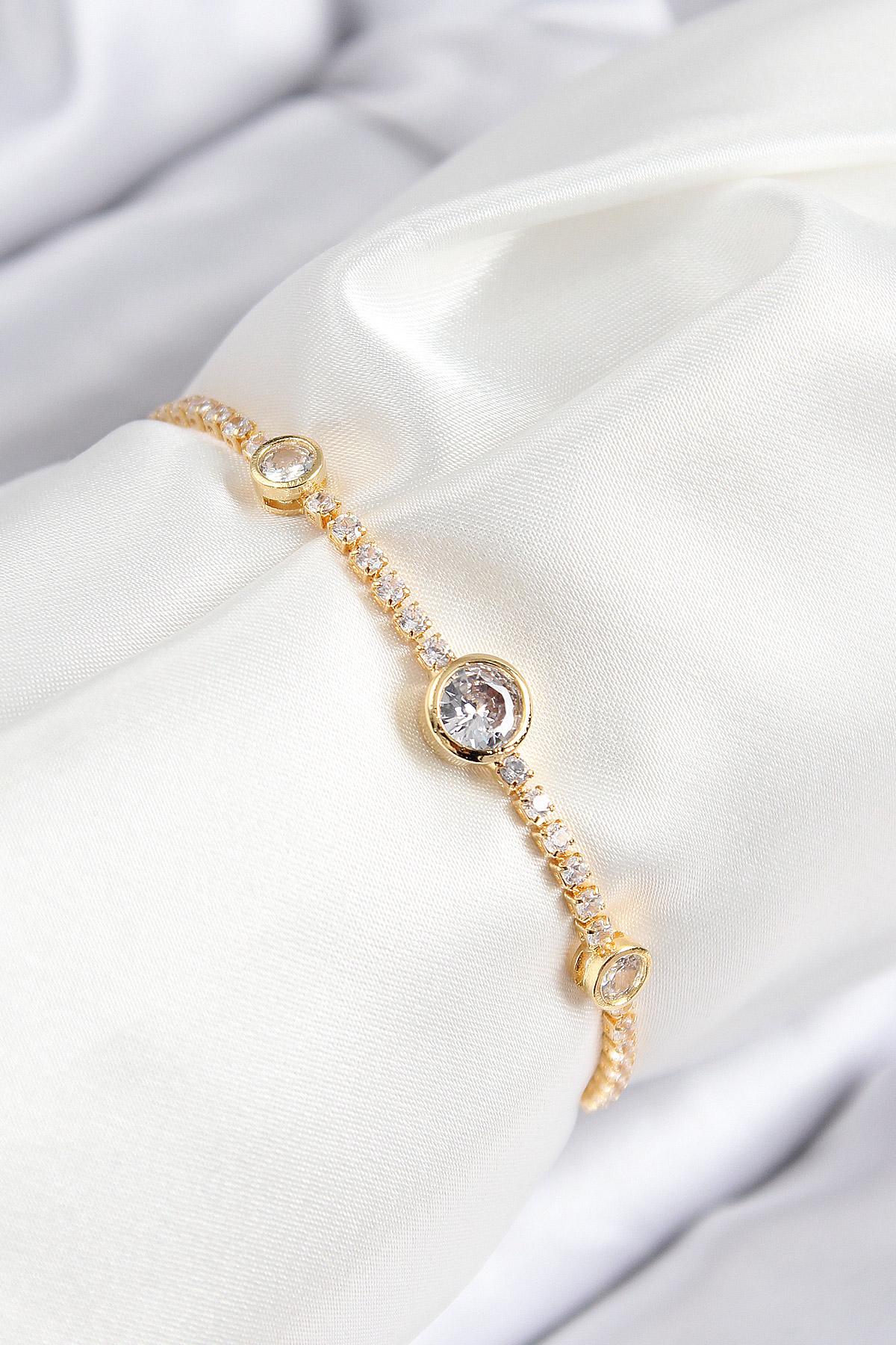 Pirinç Zirkon Taşlı Daire Model Gold Renk Asansörlü Kadın Bileklik