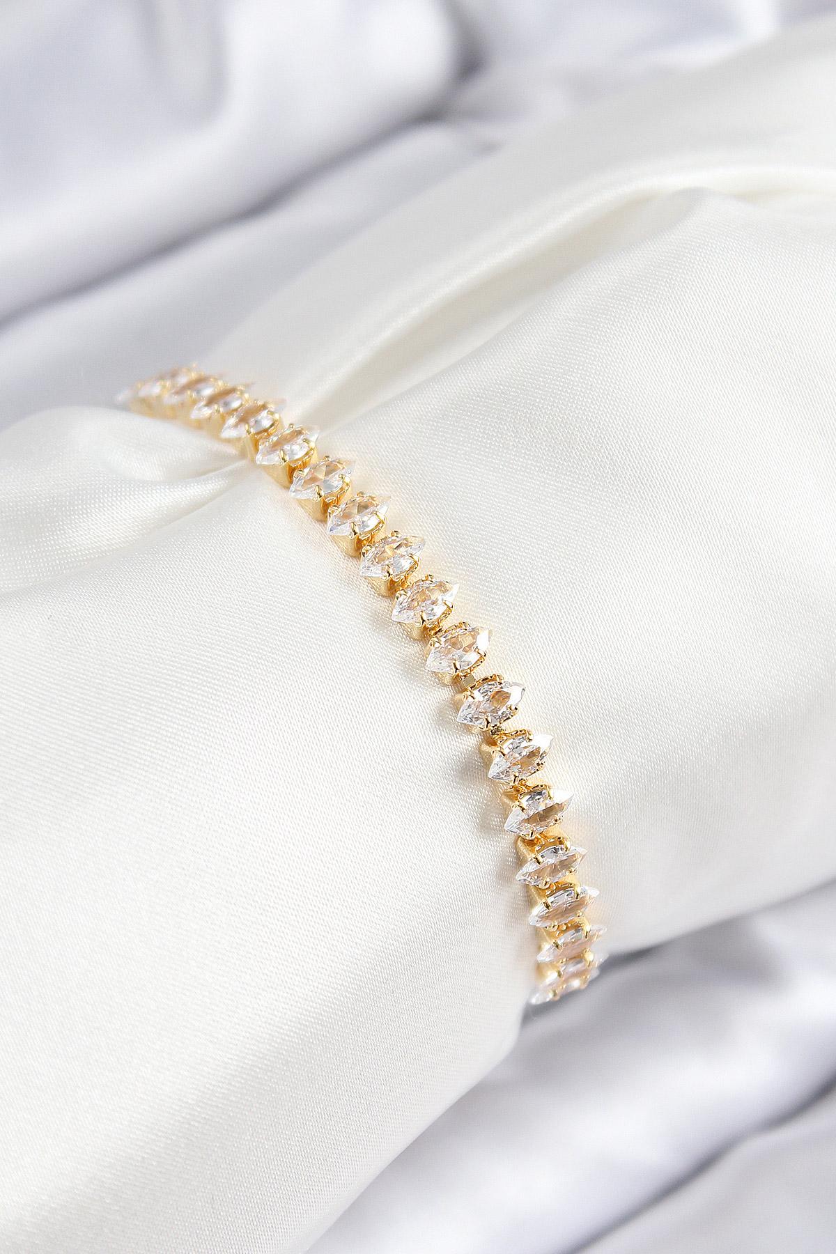 Pirinç Zirkon Taşlı Damla Model Gold Renk Asansörlü Kadın Bileklik