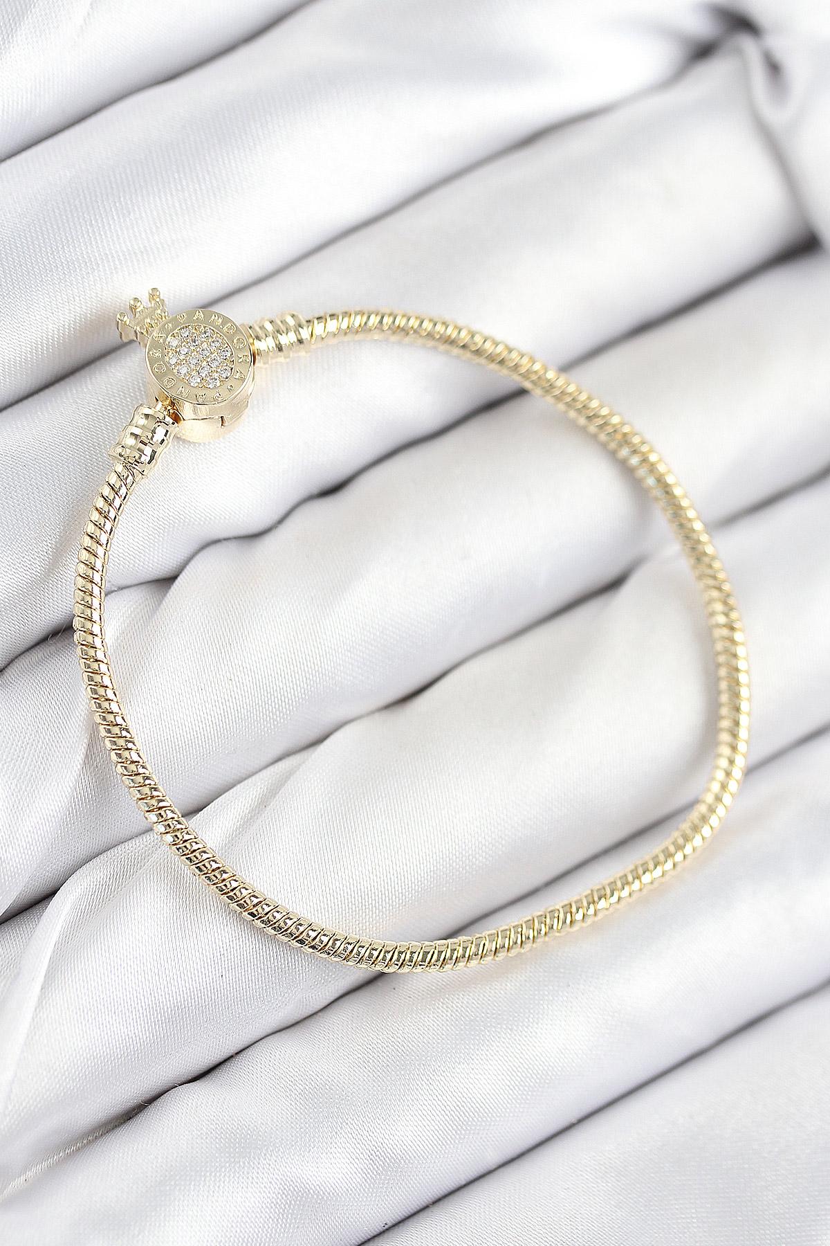 Pirinç Charm Zirkon Taşlı Taç Model Gold Renk Kadın Bileklik