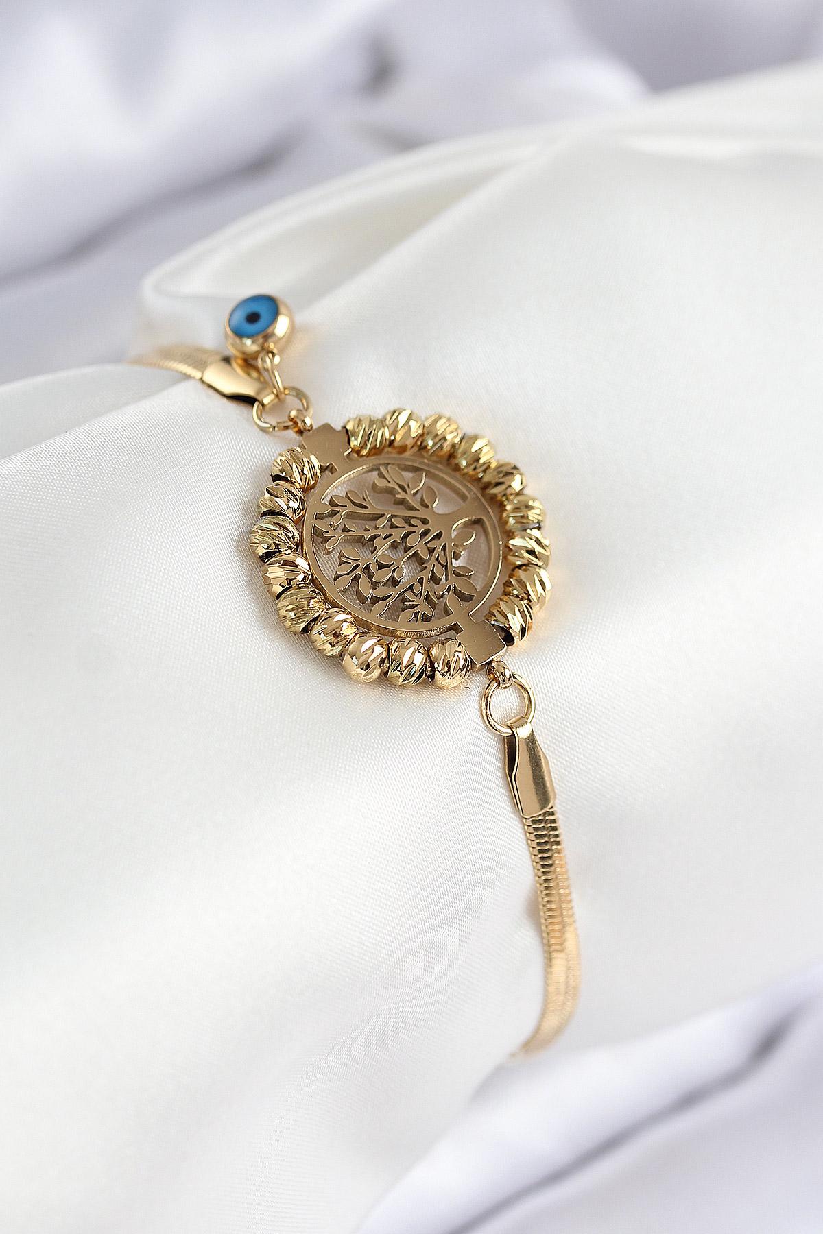 316L Çelik Nazar Boncuk Detaylı Hayat Ağacı Model İtalyan Zincir Gold Renk Kadın Bileklik