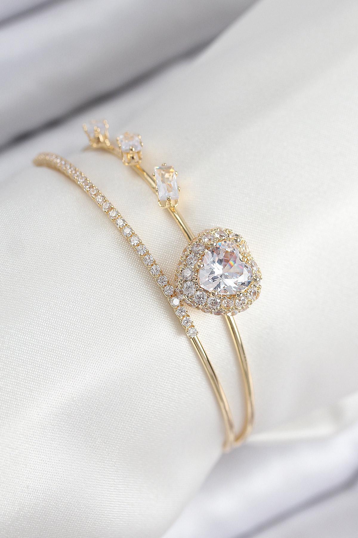 Pirinç Zirkon Taşlı Kalp Model Gold Renk Kadın Bileklik