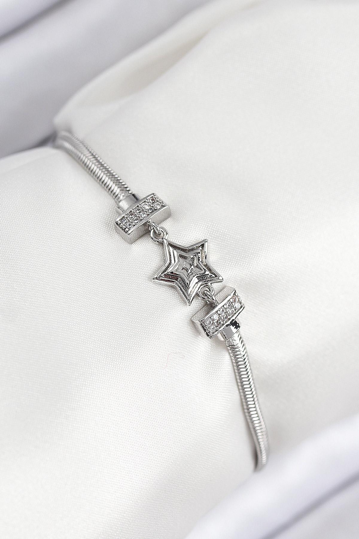 Pirinç Zirkon Taşlı Yıldız Model Gümüş Renk Kadın Bileklik