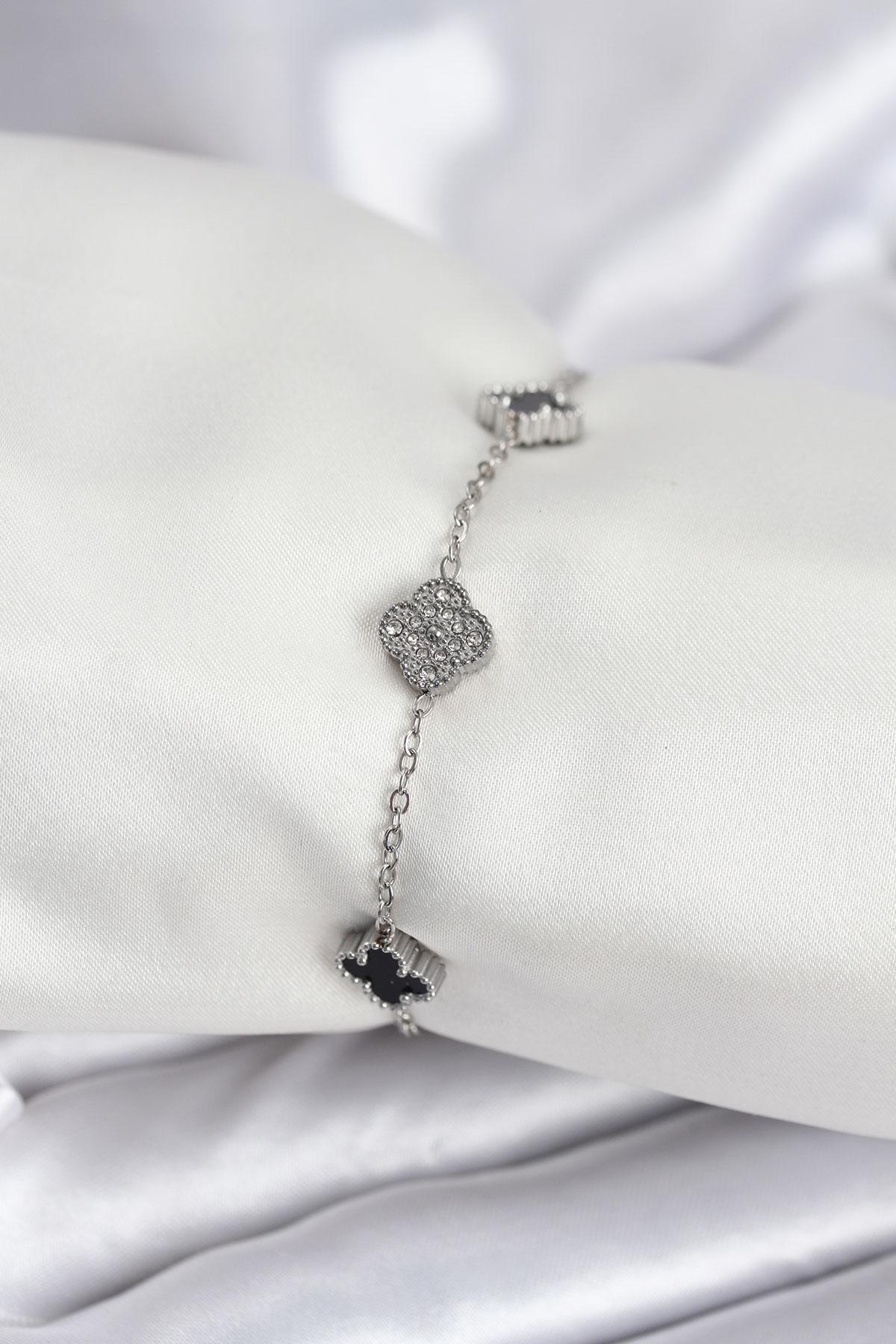 316L Çelik Gümüş Renk Siyah ve Zirkon Taşlı Baby Boy Yonca Kadın Bileklik