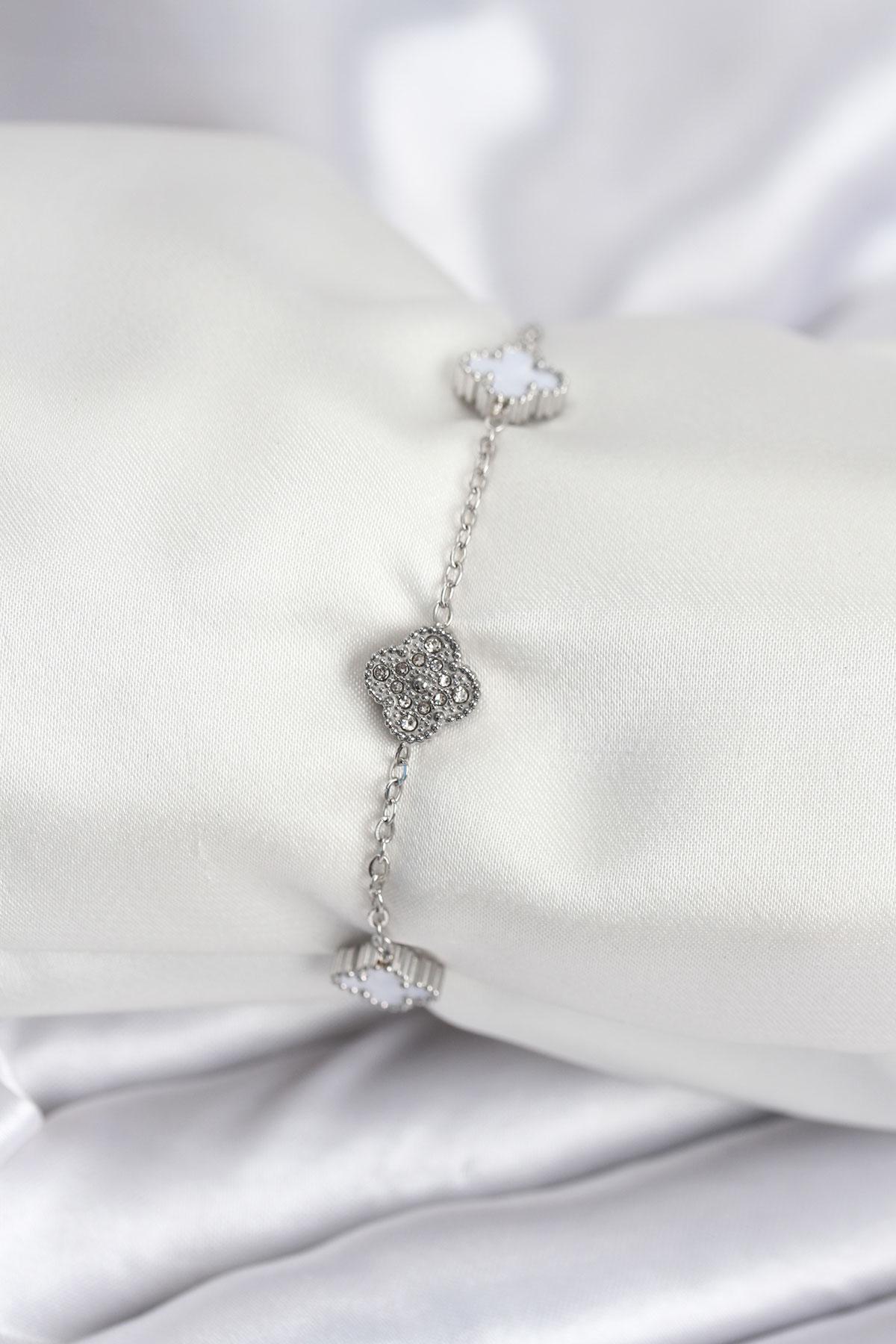 316L Çelik Gümüş Renk Beyaz ve Zirkon Taşlı Baby Boy Yonca Kadın Bileklik