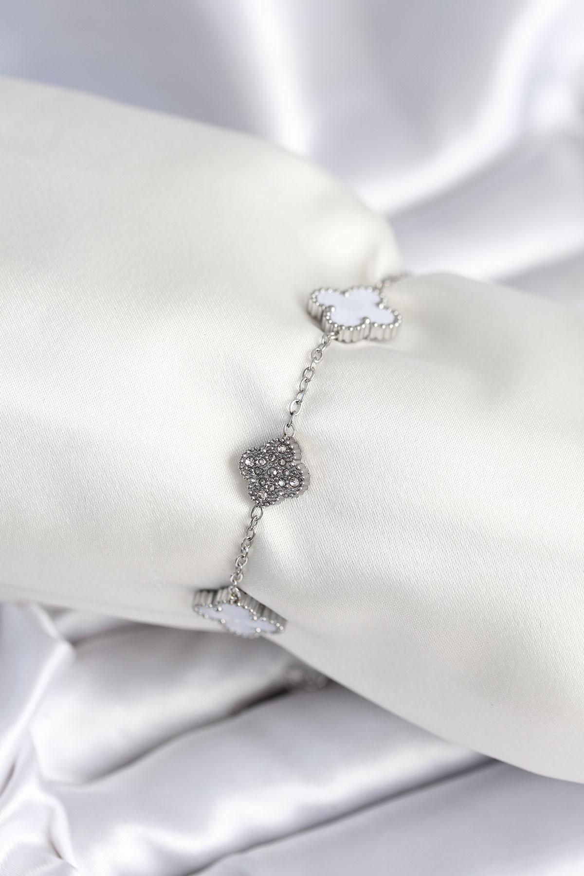 316L Çelik Zincir Gümüş Renk Zirkon Taşlı Yonca Beyaz Kadın Bileklik