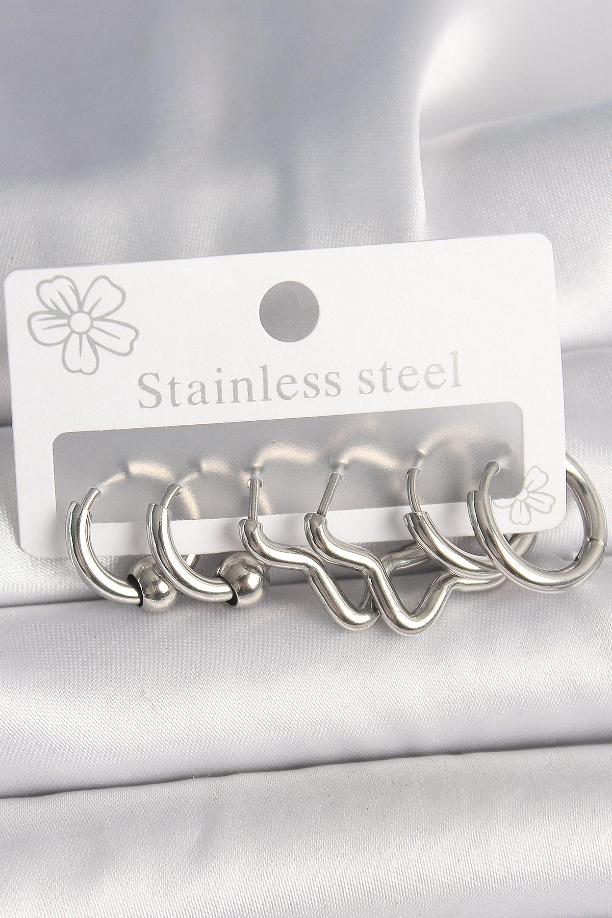 316L Çelik Gümüş Renk Halka Yıldız Model Kadın Küpe Seti