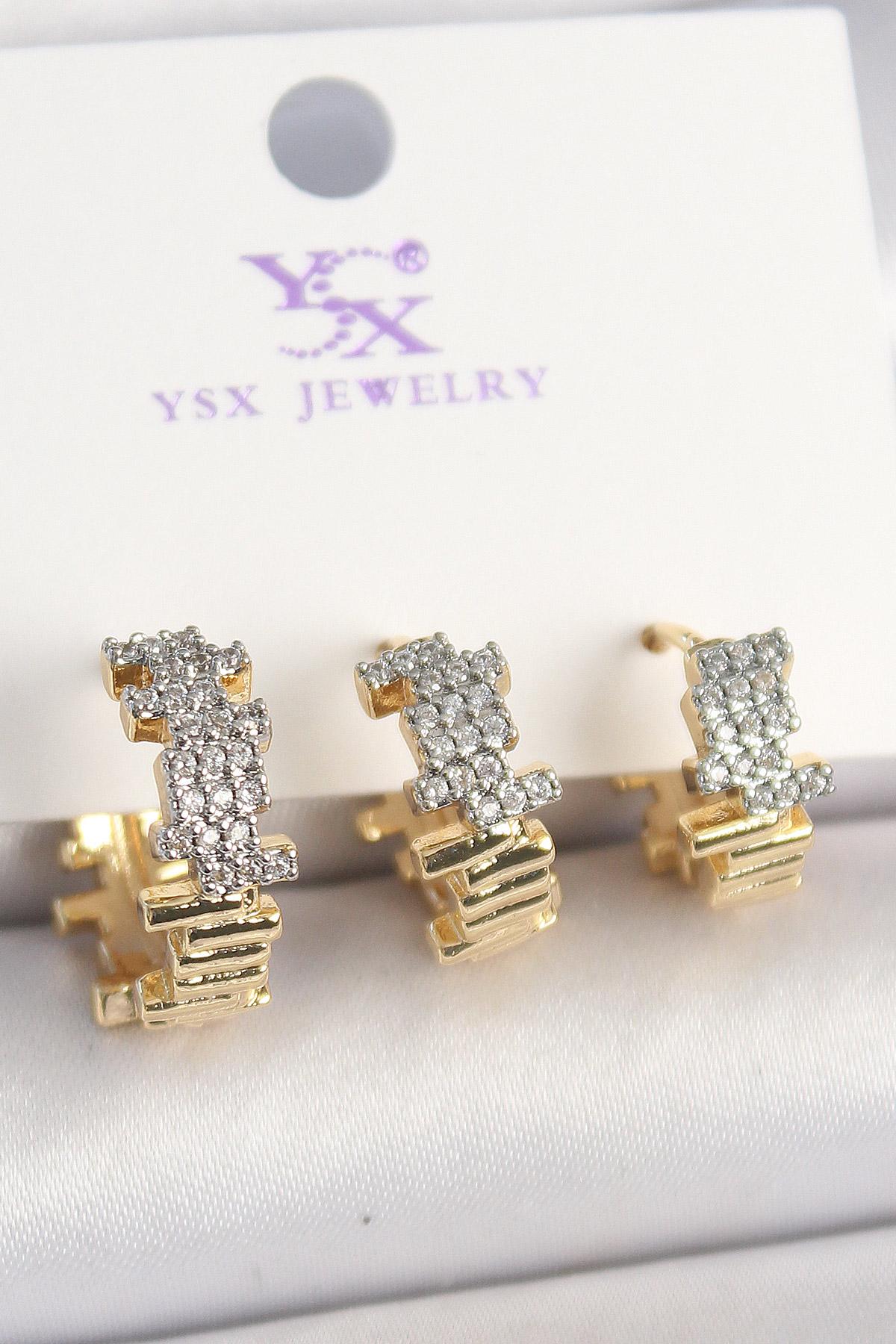 Pirinç Gold Renk Zirkon Taşlı Dorika Model 3Lü Kadın Kombin Küpe