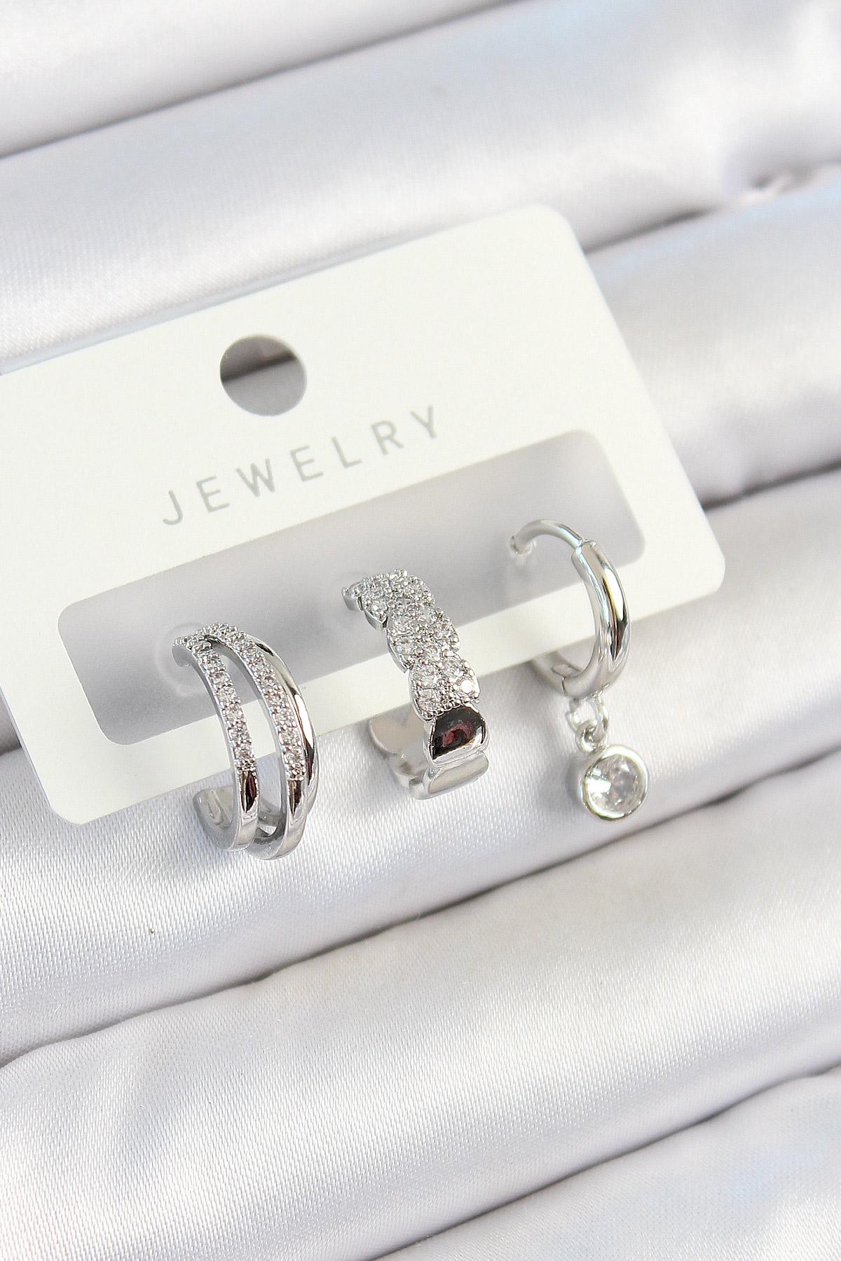 Pirinç Zirkon Taşlı Halka Model Gümüş Renk 3lü Çift Kadın Küpe Set