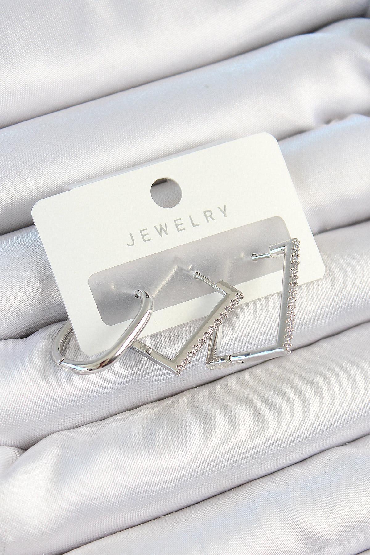 Pirinç Zirkon Taşlı Dikdörtgen Model Gümüş Renk 3lü Çift Kadın Küpe Set