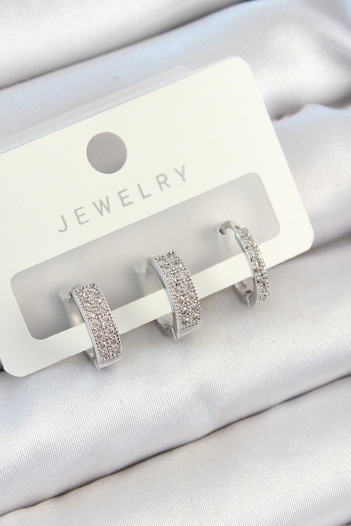 Pirinç Zirkon Taşlı Halka Model Gümüş Renk 3lü Çift Kadın Küpe Set