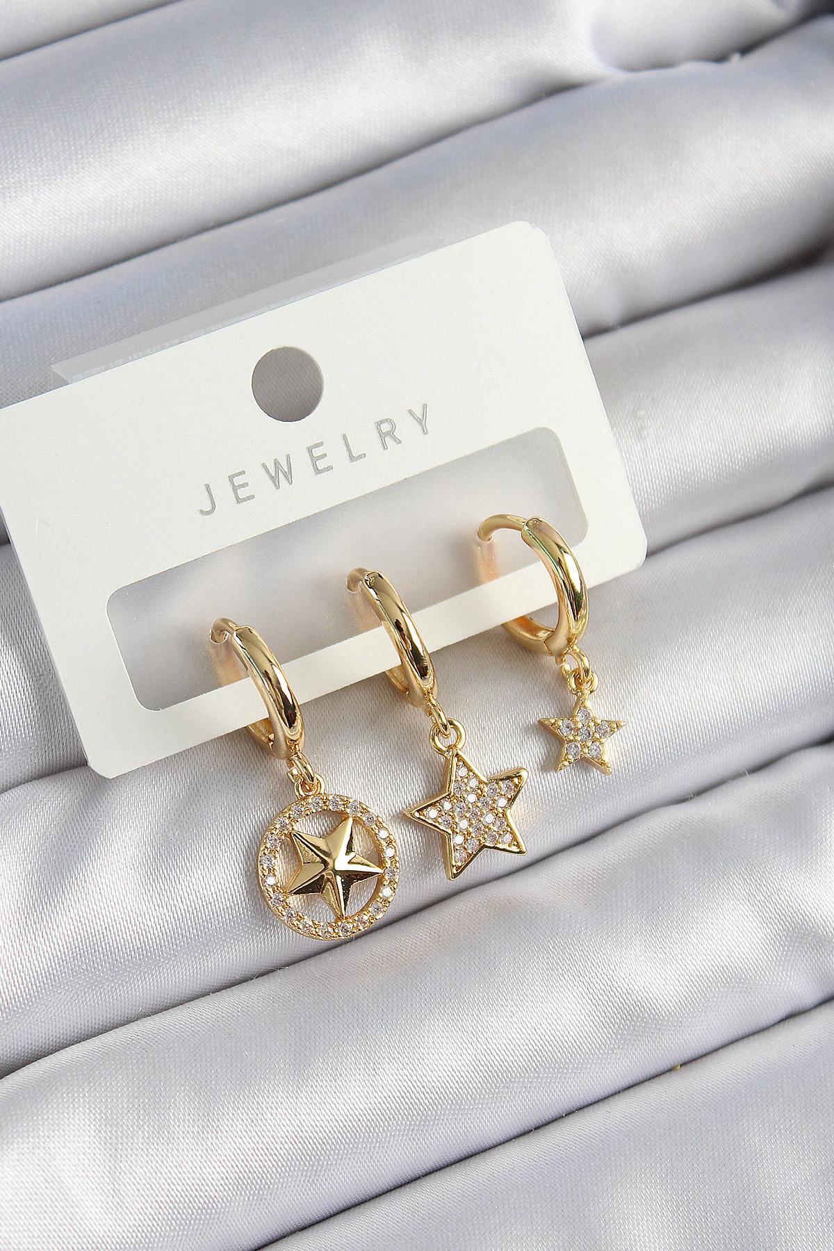 Pirinç Zirkon Taşlı Yıldız Model Gold Renk 3lü Çift Kadın Küpe Set