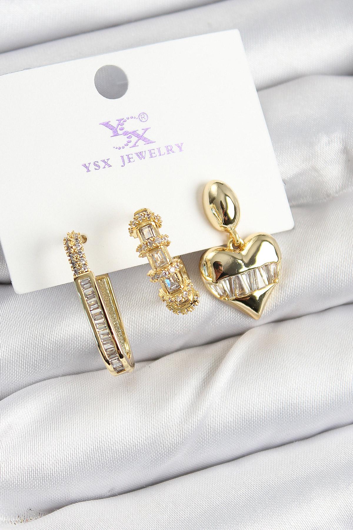 Pirinç Zİrkon Taşlı Kalp Model Gold Renk 3lü Kadın Küpe