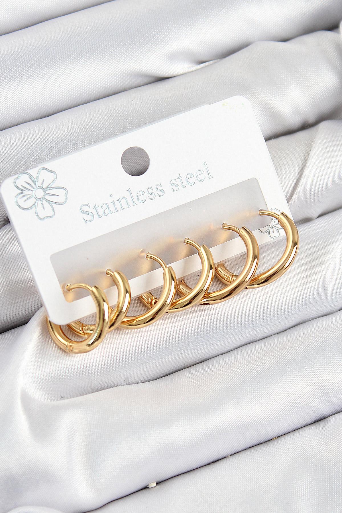 316L Çelik Halka Model Gold Renk 3lü Set Kadın Küpe