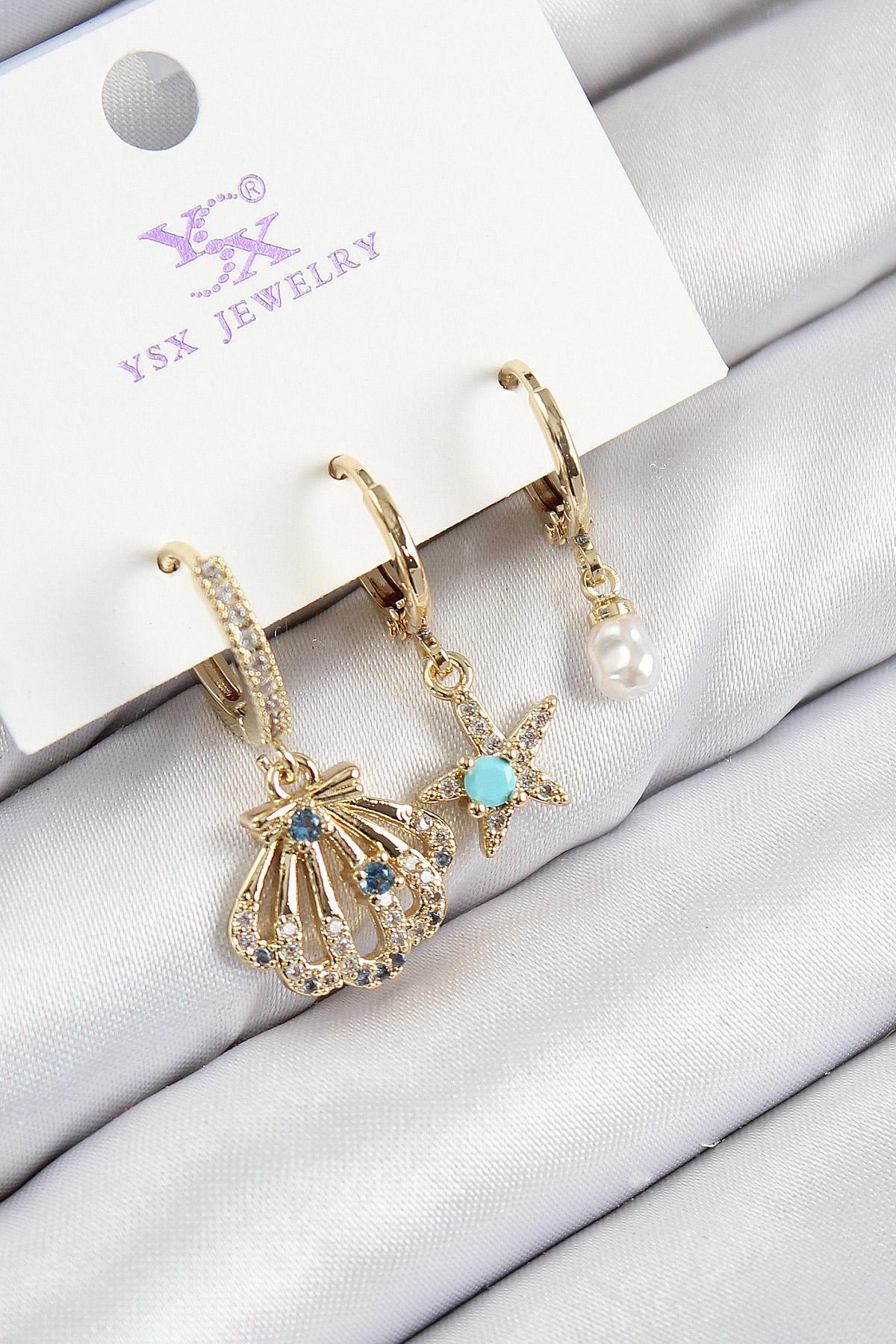 Pirinç Zirkon Taşlı 3lü İstiridye Ve Yıldız Model Gold Renk Kadın Küpe