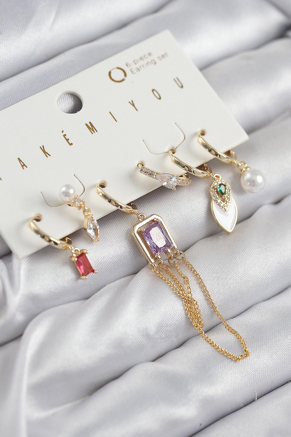 Pirinç Zirkon Taşlı Sallantılı Ve İncili Gold Renk 6lı Küpe Set