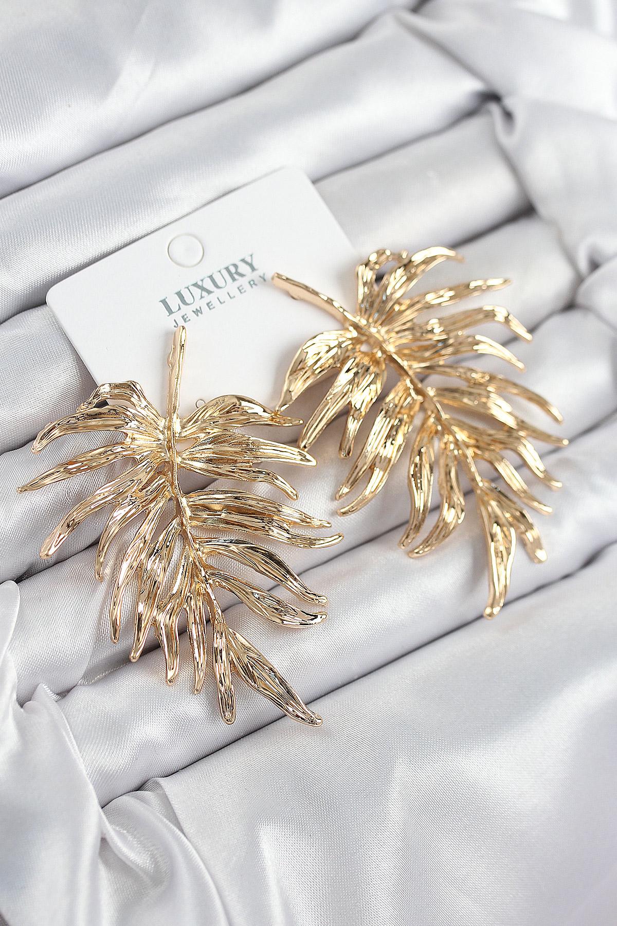 Pirinç Yaprak Model Gold Renk Kadın Küpe