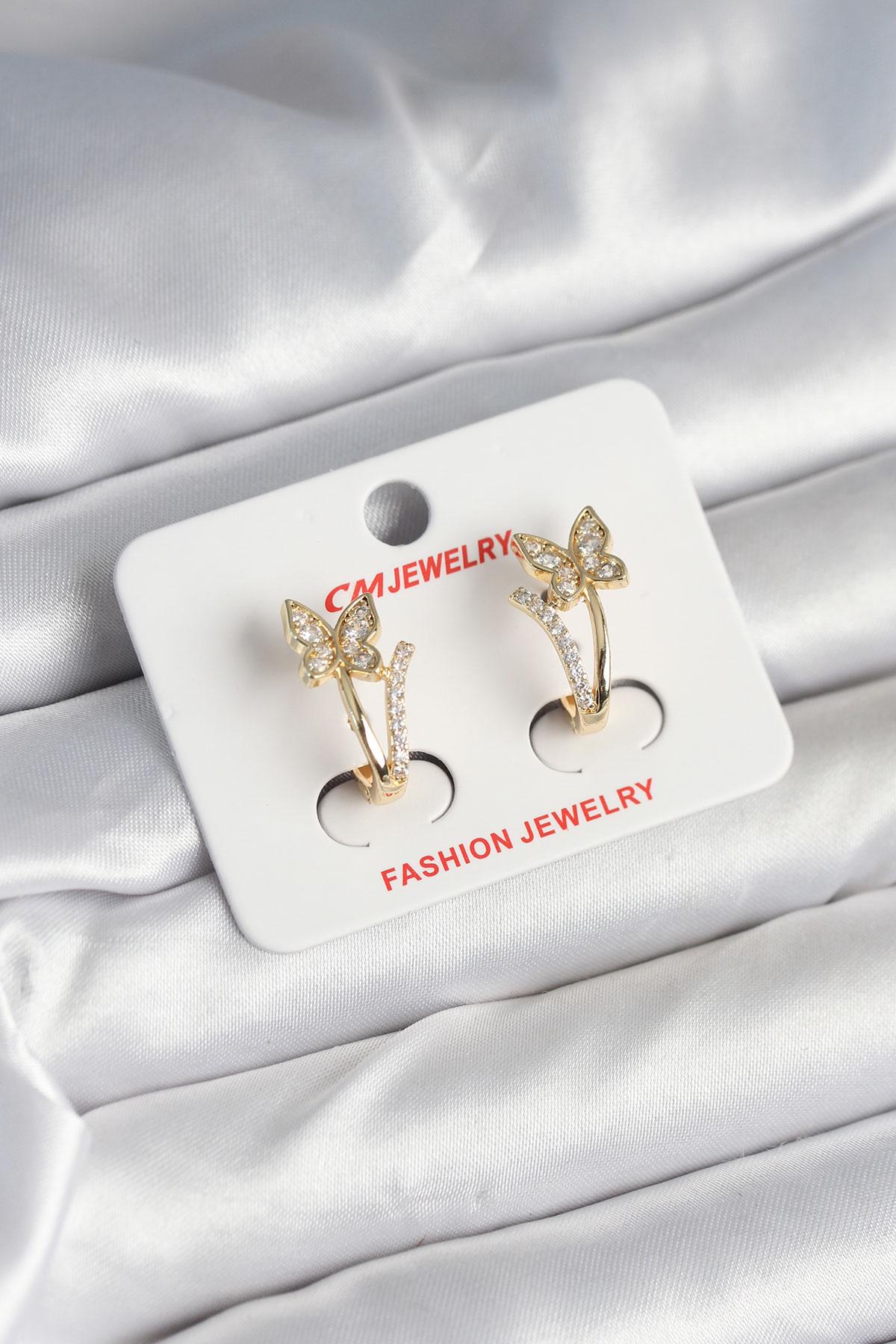 Pirinç Gold Renk Zirkon Taşlı Kelebek Model Kadın Küpe