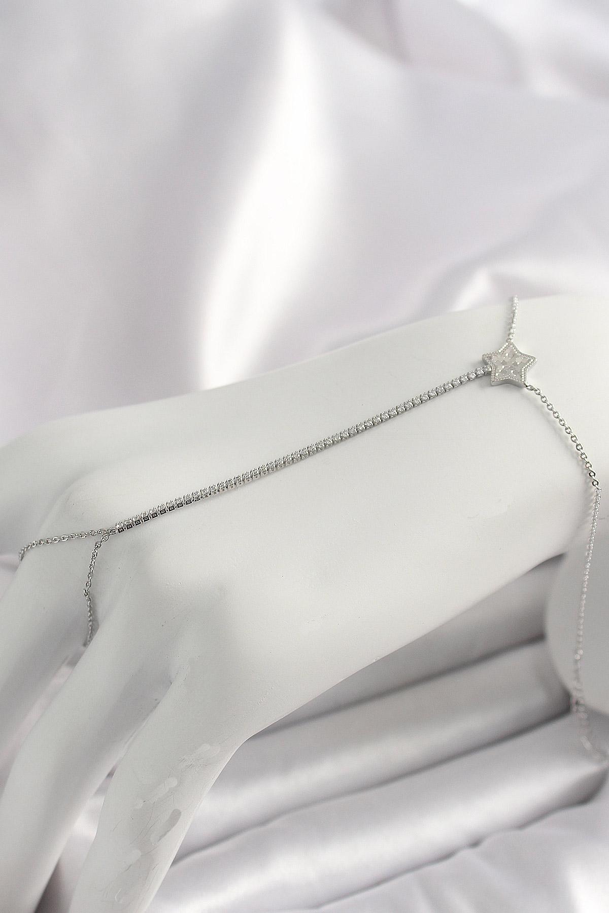 Pirinç Gümüş Renk Su Yolu Zirkon Taşlı Yıldız Model Kadın Şahmeran