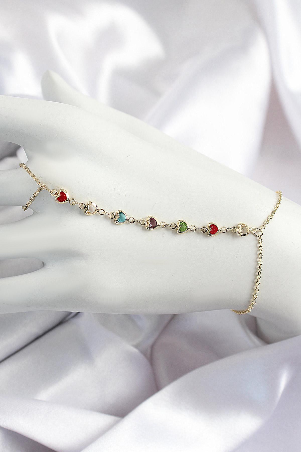 Pirinç Renkli Kalpli Zirkon Taşlı Y Model Gold Renk Kadın Şahmeran