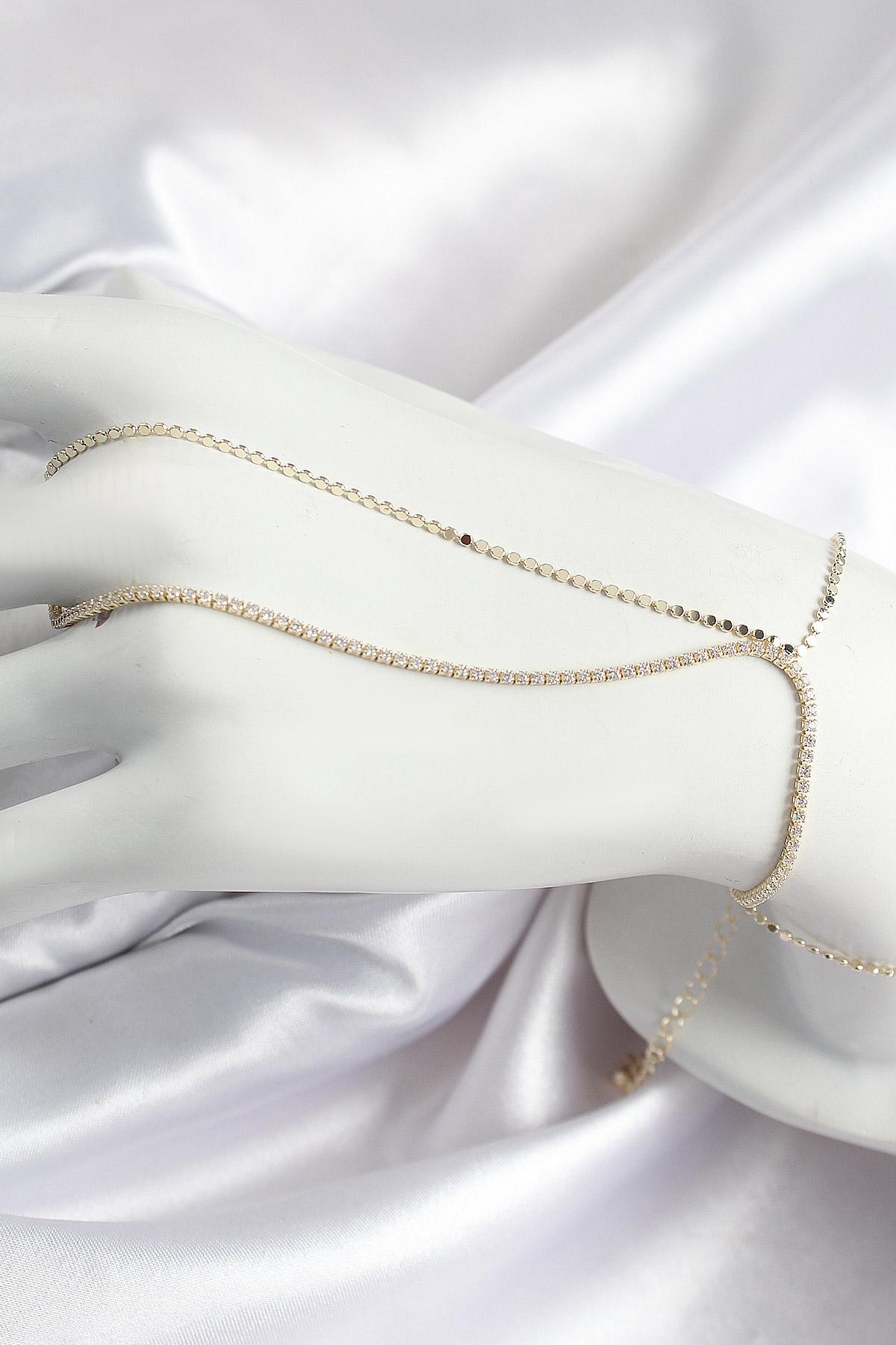 Pirinç Zirkon Taşlı Ezme Zincir Model Gold Renk Kadın Şahmeran