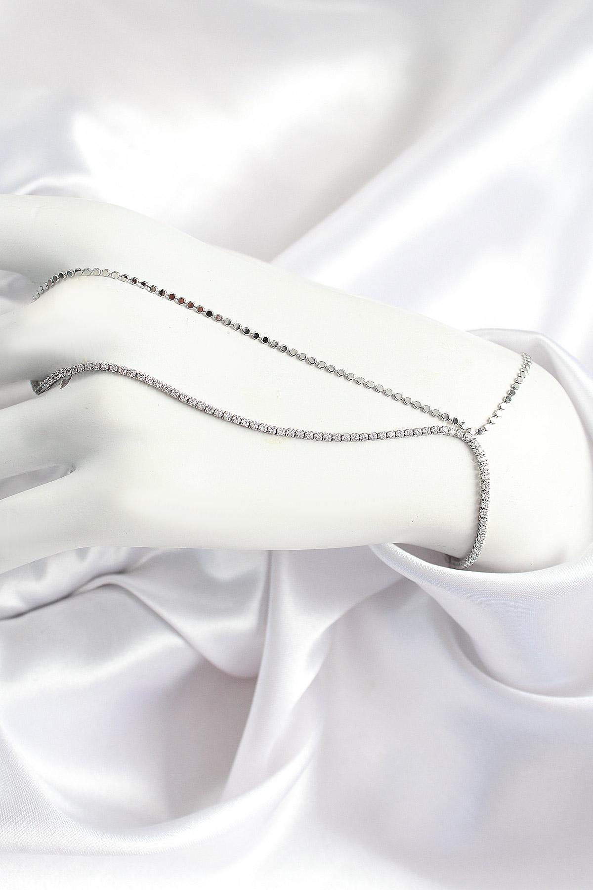 Pirinç Zirkon Taşlı Ezme Zincir Model Gümüş Renk Kadın Şahmeran